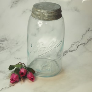 Rare Antique  Glass Ball Mason Shoulder Seal Canning Jar  with Dropped A 3L Zinc Lid with Milk Glass Farmhouse Kitchen