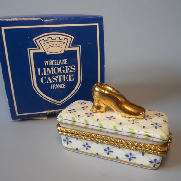 Vintage Trinket Box  Gold Shoe on a Shoebox Hand Painted Peint Main Limoges France Porcelain