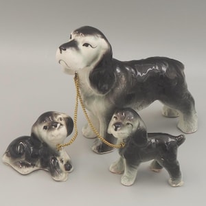 Vintage Ceramic Spaniel Dog with Leashed Puppiess