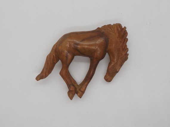 Vintage Hand Carved Wood Bucking Horse Brooch Woo… - image 1