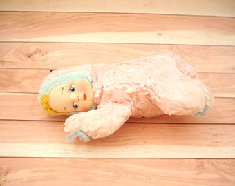 Vintage Pink Plush Sleeping Baby Doll