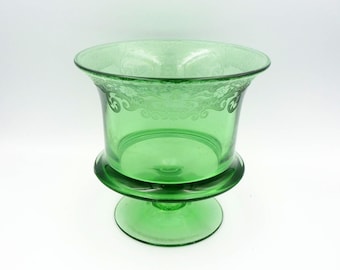 Fostoria Vesper Uranium Royal Green Glass Footed Serving Bowl or Compote 1930's