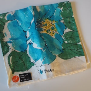 Vintage  Vera Tea Towel Turquoise Flowers  and Green Leaves All Belgian Linen Unused