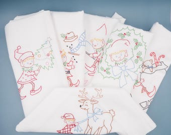 Vintage Linen Christmas Tea Towels: Hand Embroidered Elves, Set of 7