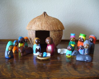Handmade Nativity Scene with Coconut Hut 16 pieces