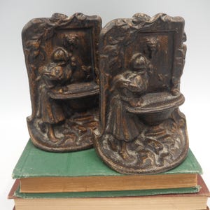 Antique Art Nouveau Bookends Cast Iron Bronze Woman at Lions Head Fountain