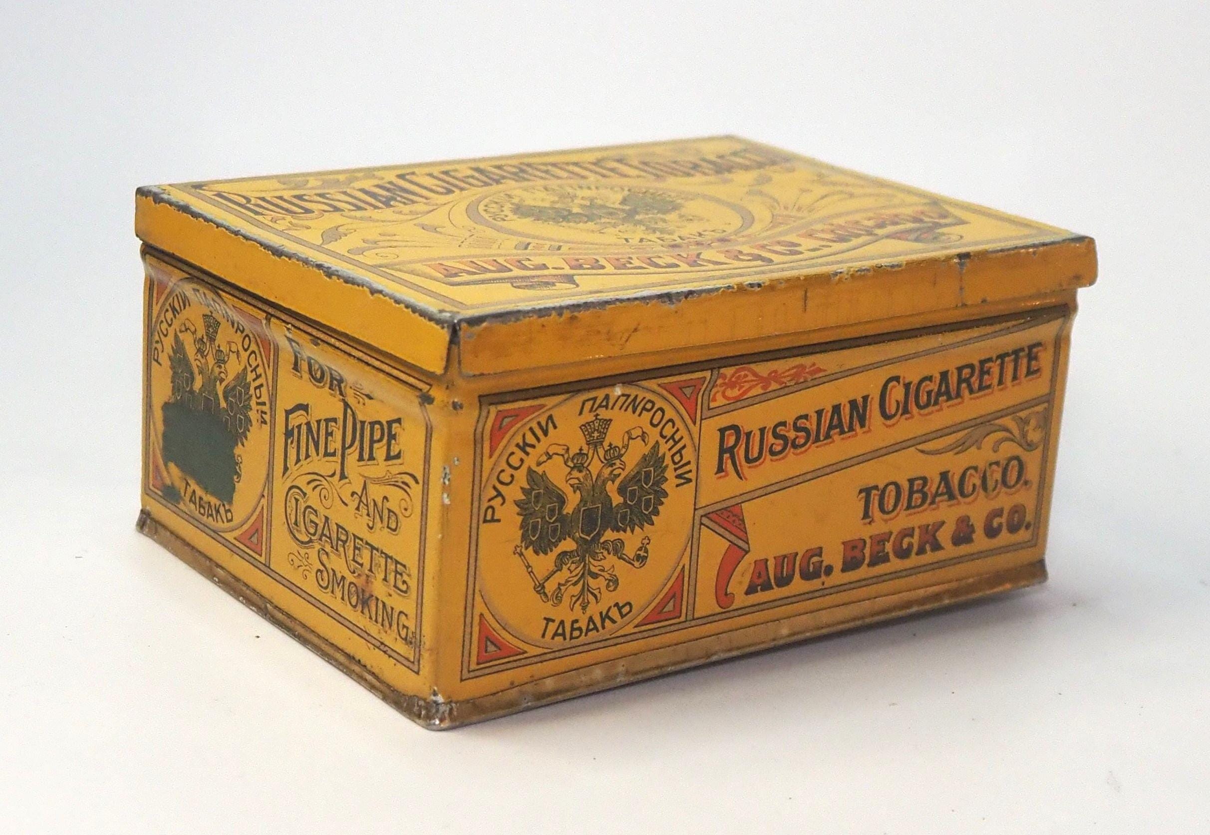 russian tobacco Vintage Russian Cigarette Tobacco Advertising Tin Aug. Beck & Co. Chicago  for Fine Pipe and Cigarette Smoking Collectible Tobacciana