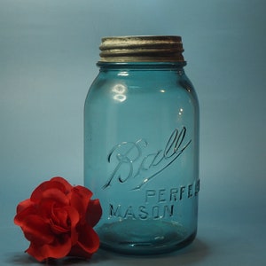 Antique  Blue Glass Ball Perfect Mason Canning Jar  with Dropped A Zinc Lid with Milk Glass Farmhouse Kitchen