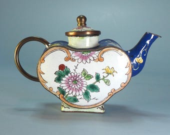Vintage Enameled Mini Teapot with Hand Painted Flowers and Grapes