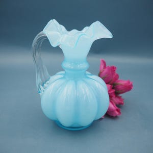 Vintage Fenton Blue Opaque Overlay Melon Pitcher