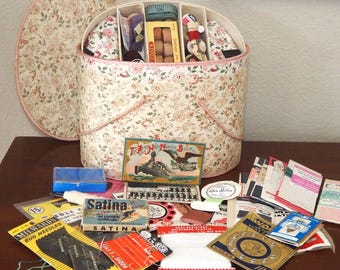 Vintage Floral Sewing Kit Box with Sewing Items