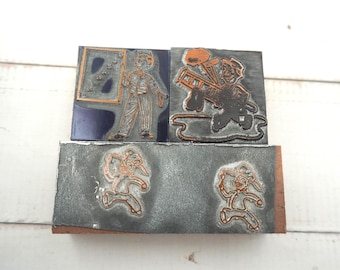 Vintage Men Working Print Block Copper Metal on Wood Sold Individually