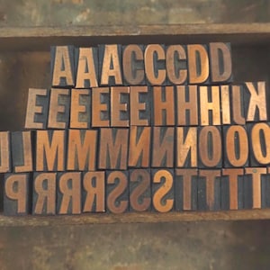 Vintage Copper on Wood Letterpress Letters Uppercase Numbers Punctuation Metal Print Letters