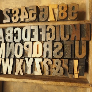 May include: A wooden box filled with letterpress printing blocks. The blocks are made of wood and metal and feature the letters of the alphabet, numbers, and punctuation marks.