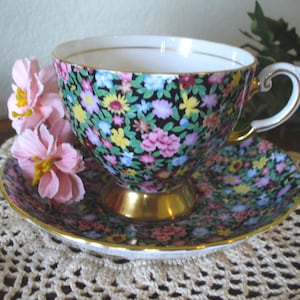 Royal Tuscan Teacup and Saucer &quot;Mille Fleurs&quot; C9529 Gold Trim  Fine Bone China England