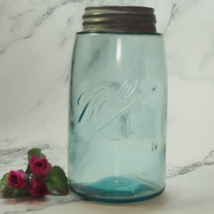 Antique  Aqua Blue Glass Improved Mason Shoulder Seal Ball Jar  with Dropped A  3L Zinc Lid with Milk Glass Farmhouse Cottage  1900-1923