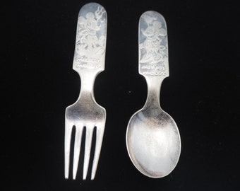 Vintage Mickey and Minnie Mouse Toddler Silverware Walt Disney Fairfield Silverplate 1930's