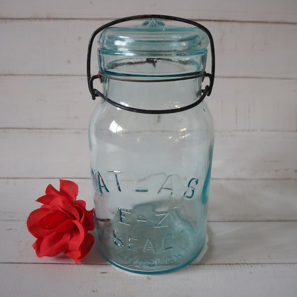 Vintage Glass Ball Hazel Atlas E-Z Seal Jar Wire Bale 7.5 Inch Glass Lid Farmhouse Kitchen