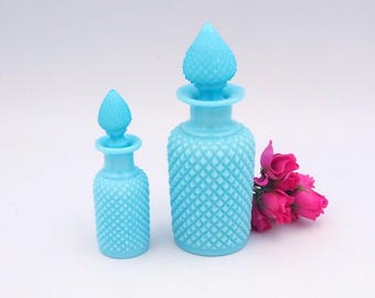 Vintage French Portieux Vallerysthal Blue Opaline Glass Perfume Bottles