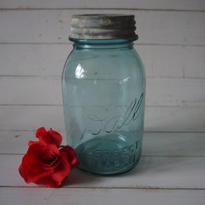 Vintage Blue Glass Ball Perfect Mason Canning Jar Zinc Milk Glass Lid Farmhouse Kitchen Wide Mouth Jar