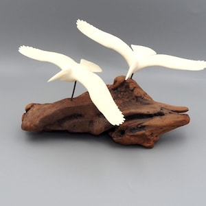 Pelicans in fllight Sculpture on Polished Art Burlwood Vintage Ocean Decor