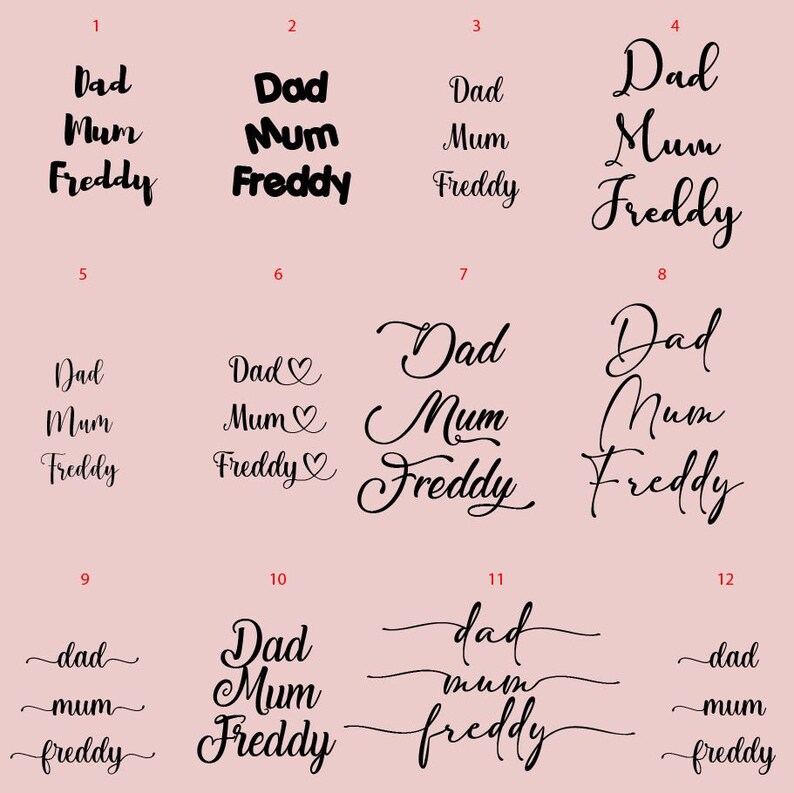 May include: Twelve different variations of the words "Dad", "Mum", and "Freddy" in black text on a pink background. The words are arranged in a grid of four columns and three rows.