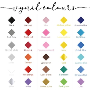 May include: A chart of vinyl colors with names for each color. The colors are arranged in rows and columns, with each color represented by a diamond shape. The colors include black, dark red, pink, medium yellow, Prussian blue, dark grey, bright red, rose pink, lemon yellow, light blue, greyish white, firebrick, fluorescence pink, ivory, cobalt blue, alloy, orange, dark brown, gold, juvenile blue, white, fire orange, light brown, sap green, cerulean blue, silver, violet, yellow ochre, peak green, and lilac.
