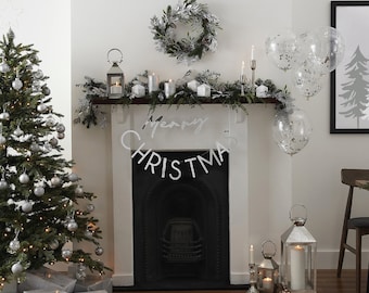 Silver Artificial Foliage Christmas Garland, Wreath and Merry Christmas Bunting