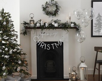 Silver Artificial Foliage Christmas Garland, Wreath and Merry Christmas Bunting