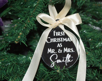 Family Christmas Bauble, Custom Christmas Flat Bauble, Frist Christmas as Mr. and Mrs.