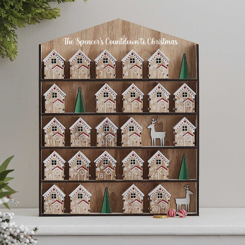 Christmas Advent Calendar Houses, Fill Your Own Wooden Countdown to Christmas, Reusable Advent Calendar image 2