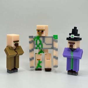 Village Pack – 3D Printed Witch, Villager & Iron Golem | Minecraft-Inspired Set | Gamer Gift | Pixel Figure Trio | Desk Decor