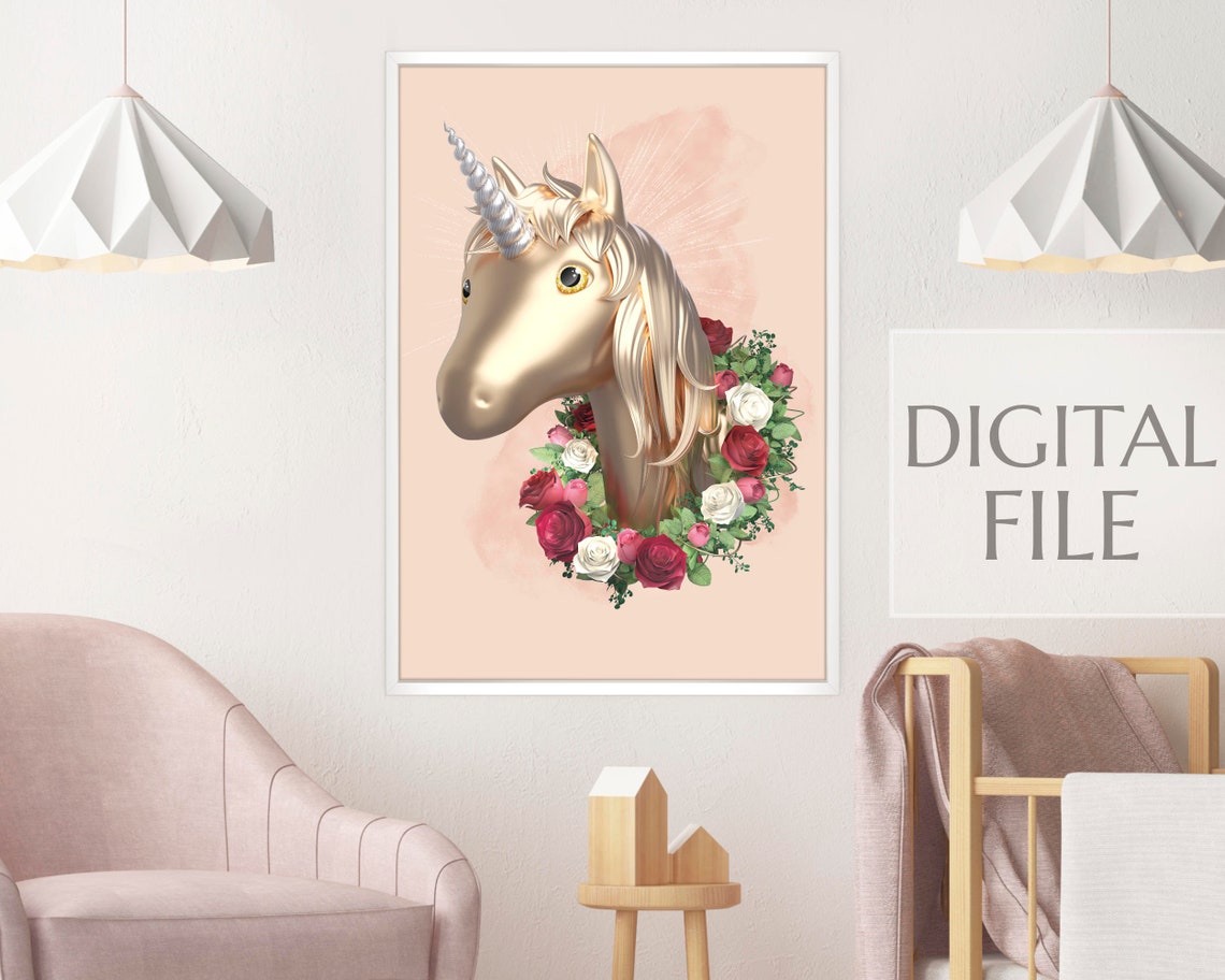 blush pink unicorn print golden unicorn wall art floral etsy