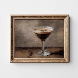 Wydruk Espresso Martini, Mroczny, nastrojowy obraz koktajlowy, Rustykalny wydruk alkoholu, Dekoracja wózka barowego, Martwa natura w stylu vintage, Ziarna kawy Pobierz