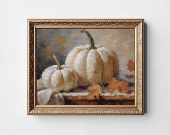 Impressão de abóboras brancas, pintura de abóboras temperamentais, natureza morta de abóboras vintage, arte de parede minimalista de abóbora creme, download de impressão neutra de outono