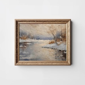 Winter Lake Landscape Painting, Snowy Winter Wall Art, Moody Vintage Print, Winter Landscape Print, Frozen Pond Art, River Print Download