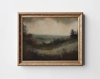 May include: A framed painting of a landscape with a hazy sky and rolling hills in shades of green and brown.