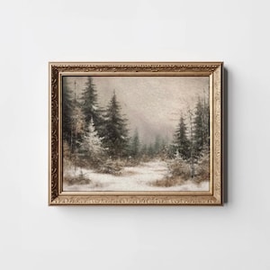 Dipinto di paesaggio di pino d'epoca, stampa di paese delle meraviglie invernale, arte murale neutra di foresta malinconica, stampa di paesaggio invernale, alberi innevati da scaricare