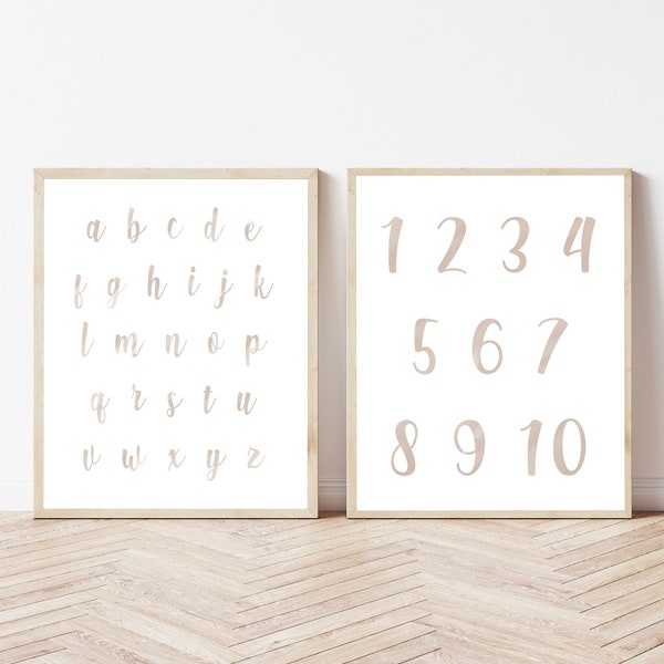 Wall Art Neutral Nursery, Set of 2 Watercolor Letters Numbers, Tan ABC Print, Beige Numbers Printable, Lowercase Alphabet Instant Download