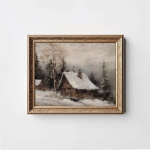 Rustic Cabin Landscape Painting, Log Cabin in the Woods Print, Snow ...