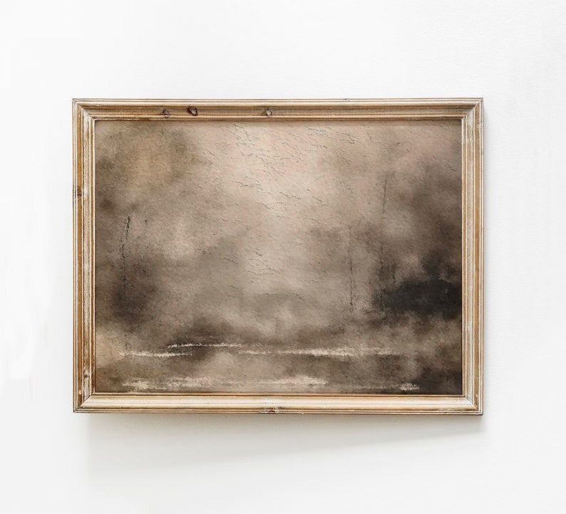 May include: A framed abstract painting with a muted brown and gray color scheme. The painting depicts a hazy landscape with subtle brushstrokes.