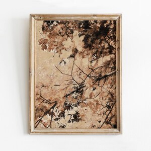 Op de afbeelding: Een ingelijste kunstdruk met een sepia-kleurige afbeelding van boomtakken en bladeren. Het kunstwerk heeft een vintage esthetiek, met een lichtbeige achtergrond en donkerbruine en zwarte details. De lijst is lichtgoud van kleur.