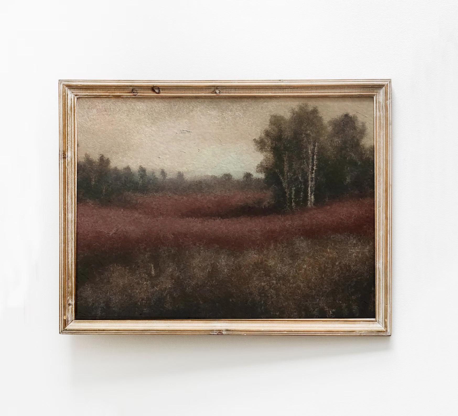 Dark Moody Fall Art Print, Burgundy Vintage Landscape Wall Art, Rustic ...
