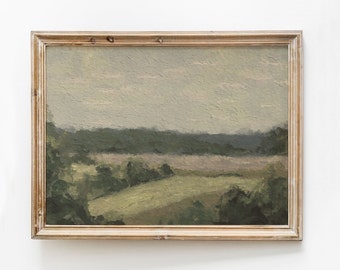 Pintura de paisaje de cabaña: Arte vintage de campo verde (Descarga digital)