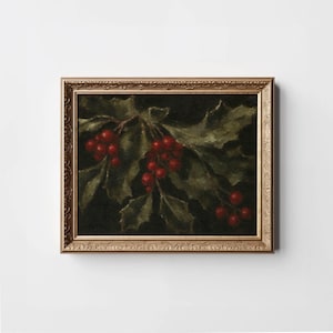 May include: An oil painting of holly branches with red berries and green leaves, set in a gold ornate frame. The artwork has a dark background, highlighting the vibrant colors of the berries and foliage. A classic holiday theme.