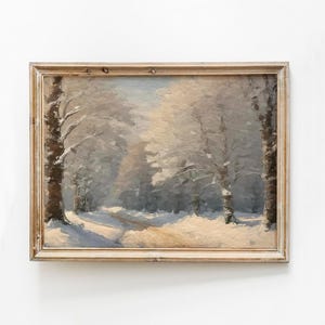Snowy Winter Landscape Painting, Snow Covered Trees Print, Neutral Christmas Vintage Print, Winter Landscape Print, Muted Snow Road Download
