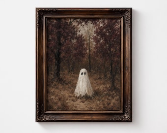 May include: A framed oil painting depicting a white ghost figure standing in a dark, autumnal forest with brown and deep red foliage. The artwork is encased in an ornate, dark brown wooden frame with intricate carved detailing along the edges.