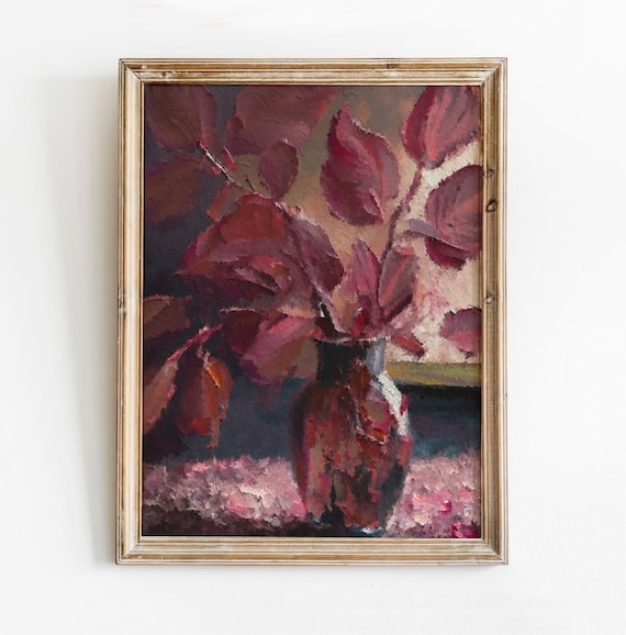 Burgundy Leaves Print, Cimicifuga Stems in Vase Painting, Moody Vintage Print, Autumn Printable, Trendy Maroon Wall Art, Instant Download