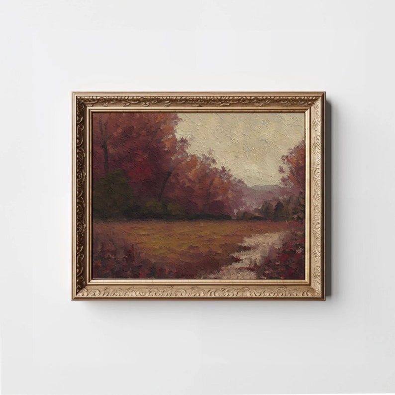Dark Moody Fall Art Print, Burgundy Vintage Landscape Wall Art, Rustic ...