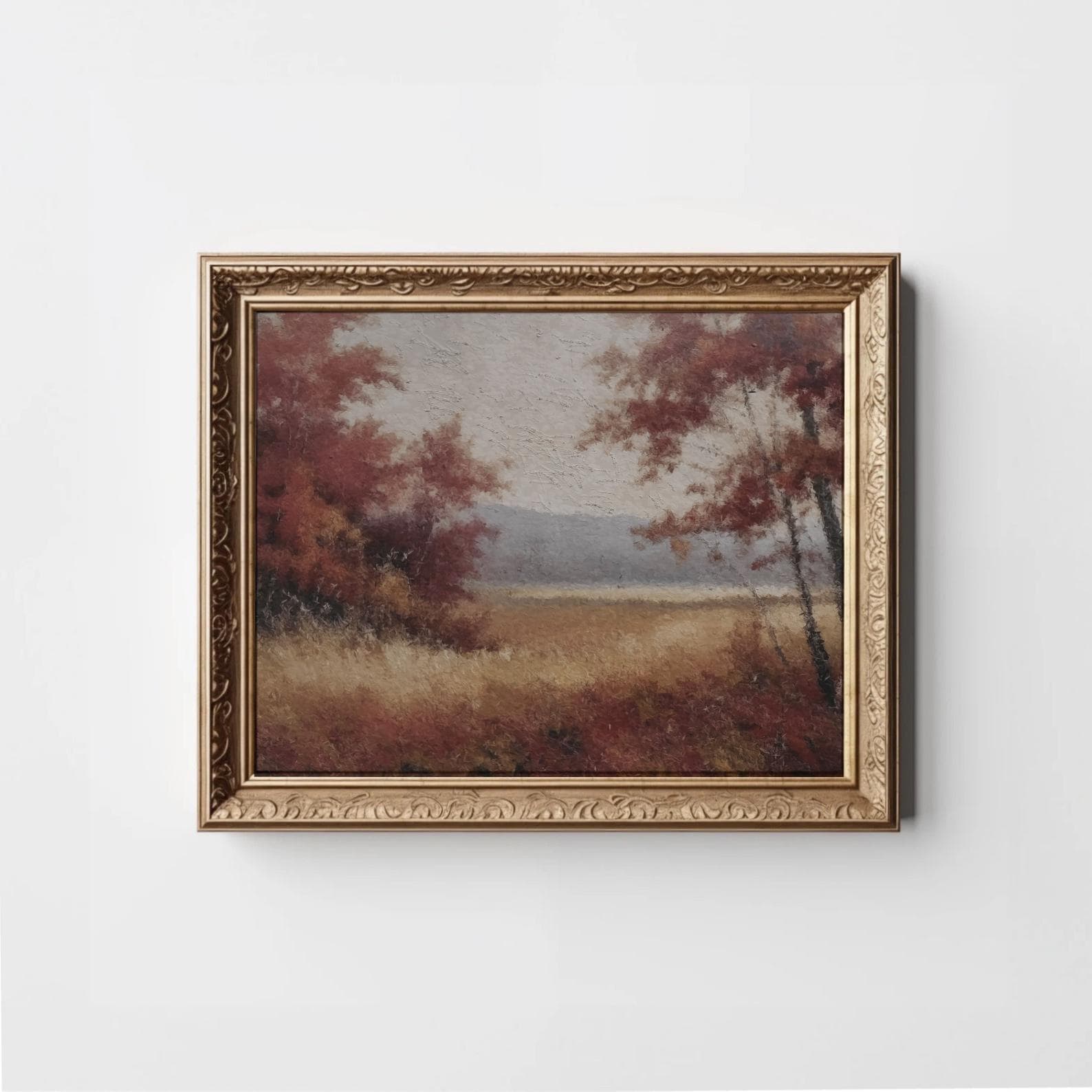 Dark Moody Fall Art Print, Burgundy Vintage Landscape Wall Art, Rustic ...